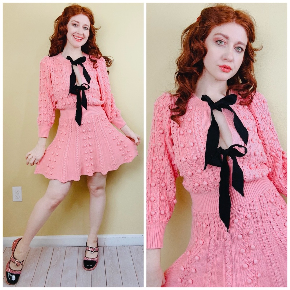 Alice and Olivia Kitty Bow Knit Pink Pom Pom Dress Medium